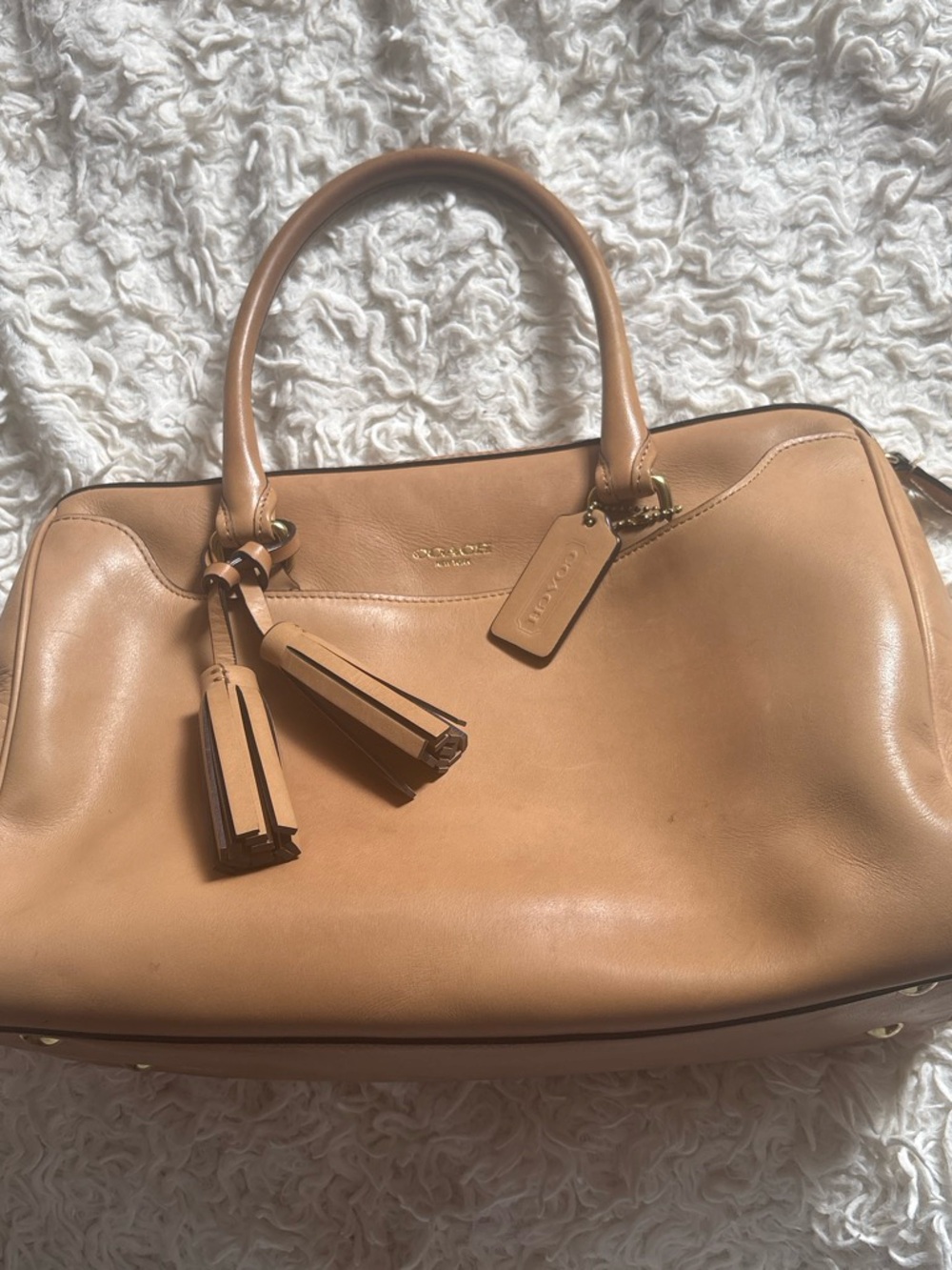 Coach Tan Leather Satchel with Tassel Accents